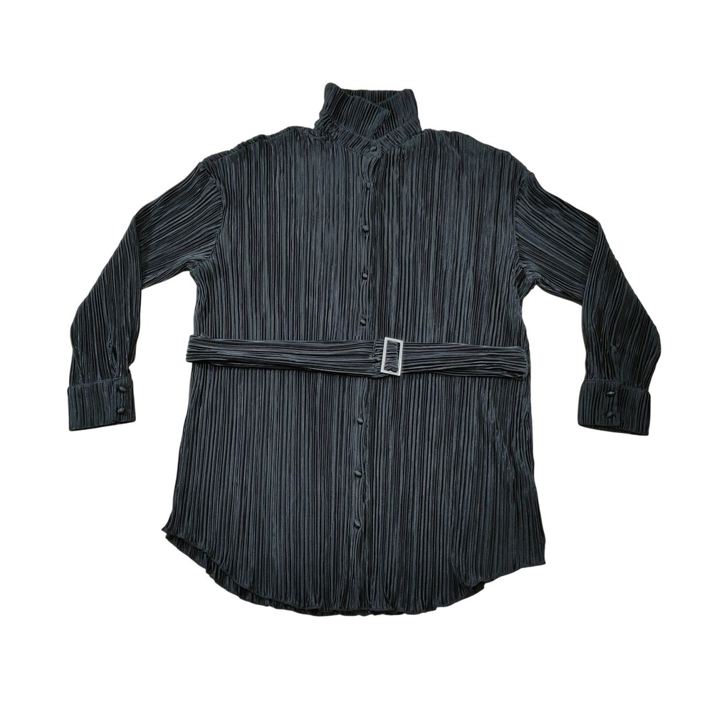 Pleated Mock Neck Belted Tunic Top Shirt Dress Charcoal‎ Gray Size S NWOT